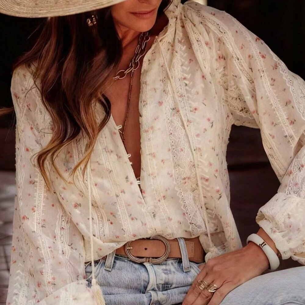 Red Apricot Boho Women's Floral Print V-Neck Blouse
